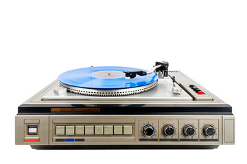 Vintage turntable record player with blue vinyl