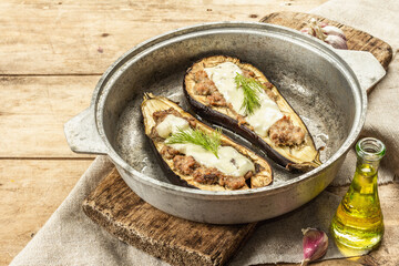 Stuffed eggplant ready to eat with ground meat, vegetables, and spices