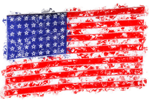 Art brush watercolor painting of USA flag blown in the wind isolated on white background.