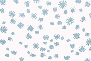 Three kinds of carved blue snowflakes randomly scattered on a white field, isolated 3D illustration. New Year's background work piece for the design of postcards, greetings.