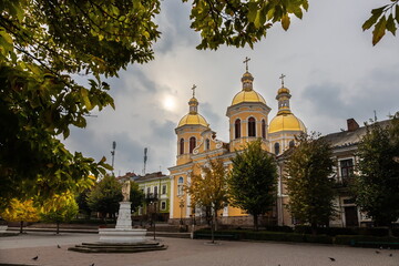 Fototapeta na wymiar BEREZHANY, UKRAINE Greek Catholic Church of St.Trinity at Market Square in Berezhany, Ternopil region, Ukraine