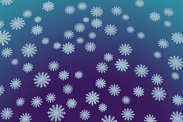 3D illustration, randomly flying geometrically regular blue snowflakes on a violet-blue gradient sky background. Festive New Year design backdrop.