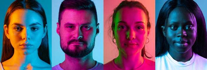 Collage of four people, men and women looking at camera and posing isolated over multicolored background in neon lights - obrazy, fototapety, plakaty