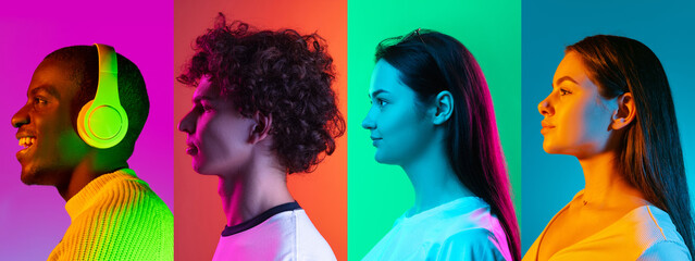 Collage of side view portraits of young people isolated over multicolored backgrounds in neon light. Flyer.