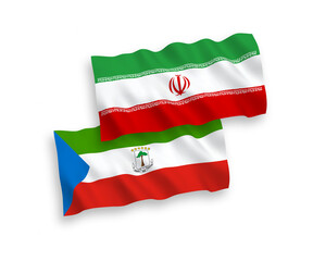 National vector fabric wave flags of Republic of Equatorial Guinea and Iran isolated on white background. 1 to 2 proportion.