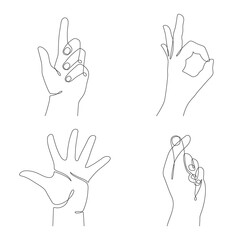 Hand gesture set, one line art, continuous contour drawing, hand-drawn. Five fingers, diraction, flick, ok sign.Palm and wrist, sign translation. Editable stroke.Isolated.Vector illustration