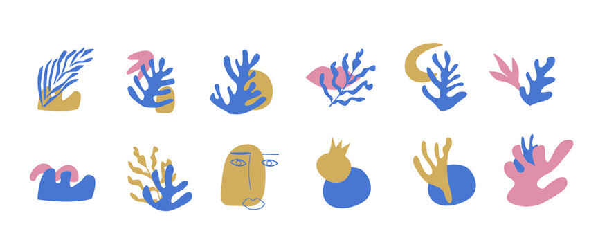 Vector composition with abstract shapes and blue algae. Matisse inspired design of corals or branches. Mid centure childish templates in flat style.