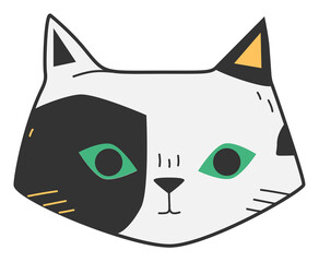 Hand drawn illustration of cute modern black and white cat with green eyes portrait. Animal trendy poster. Kitty character face. Flat vector sticker or icon in colored doodle style. Isolated.