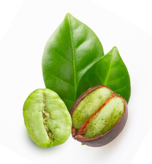 Coffee fresh green beans with leaf isolated on white background.