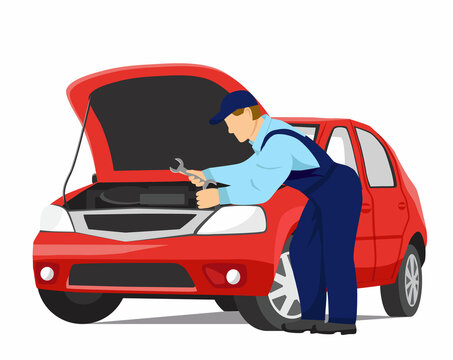 Auto mechanic opened the hood and repairs the car. Wrench in his hand. Car service. Vector Illustration in flat style on white background.