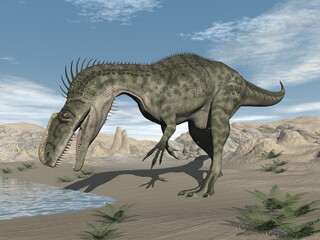 Obraz na płótnie Canvas Monolophosaurus dinosaur in the desert - 3D render