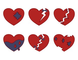 Broken red hearts symbolizing Pain and Love, Separation, Loss. Vector illustrations of Heart icons.