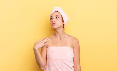 pretty woman feeling stressed, anxious, tired and frustrated. shower and beauty concept