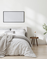 blank frame mock up in scandinavian style bedroom interior , 3d rendering