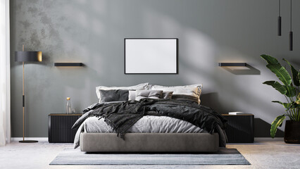 blank frame mock up in modern bedroom interior in gray tones, 3d rendering