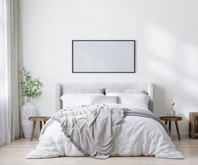 blank frame in scandinavian style bedroom interior, home interior, 3d rendering