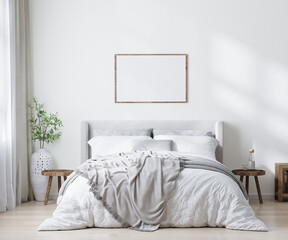 blank wooden frame in scandinavian style bedroom interior, home interior, 3d rendering