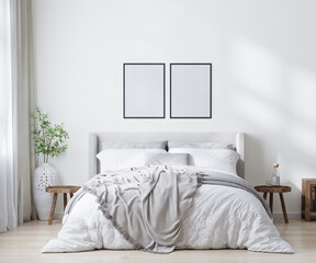 empty poster frames in scandinavian style bedroom interior, home interior, 3d rendering