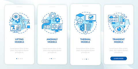 Digital twin models blue onboarding mobile app screen. Modeling walkthrough 4 steps graphic instructions pages with linear concepts. UI, UX, GUI template. Myriad Pro-Bold, Regular fonts used