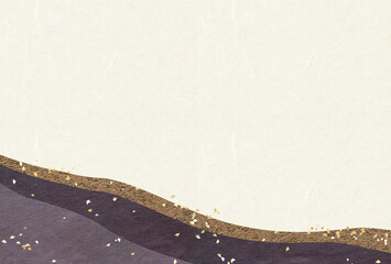 和紙テクスチャ　コラージュ　濃淡紫重ねと金の曲線模様　金箔散らし　ハガキ比率　グラフィック素材