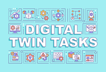 Digital twin tasks word concepts turquoise banner. Engineering. Infographics with linear icons on background. Isolated typography. Vector outline color illustration with text. Arial-Black font used
