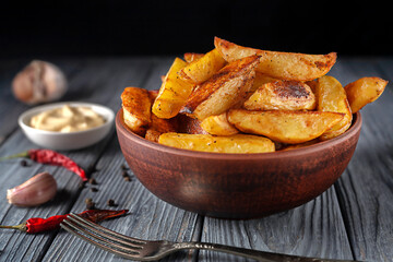 Delicious baked potatoes with rosemary and thyme in a ceramic plate, close-up