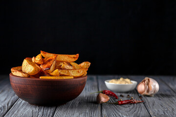 Delicious baked potatoes with rosemary and thyme in a ceramic plate, close-up