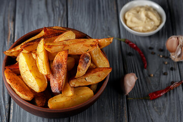 Delicious baked potatoes with rosemary and thyme in a ceramic plate, close-up
