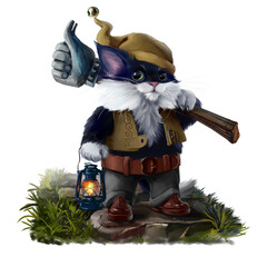 Gnome cat with sledgehammer and lamp goes to work - 476231153