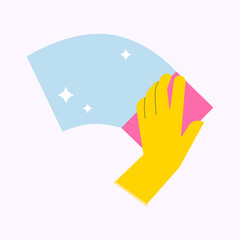Hand in glove cleaning with sponge. Flat illustration of disinfecting cleanup with detergent. Clean home and housekeeping concept.