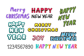 Bright set texts Merry Christmas and Happy New Year on white background. Template icons for greeting card, website, banner