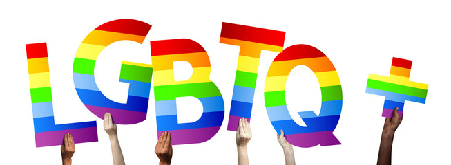 LGBTQ+ banner - human hands holding colorful letters