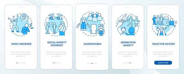 Types of anxiety disorders blue onboarding mobile app screen. Illness walkthrough 5 steps graphic instructions pages with linear concepts. UI, UX, GUI template. Myriad Pro-Bold, Regular fonts used