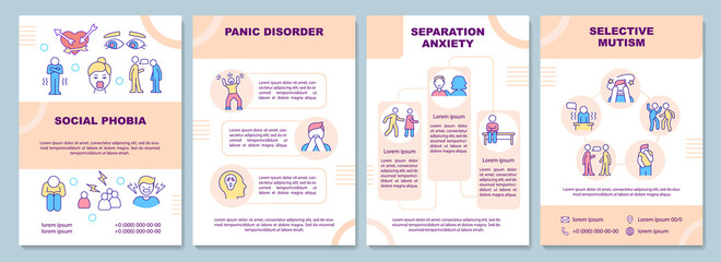 Anxiety types beige brochure template. Mental disorder. Booklet print design with linear icons. Vector layouts for presentation, annual reports, ads. Arial-Black, Myriad Pro-Regular fonts used