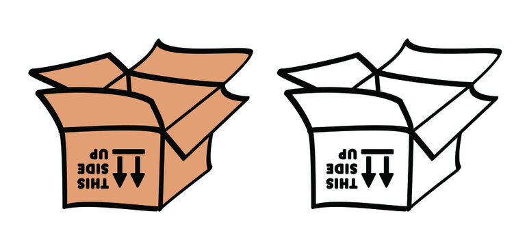 This side up. Cartoon, comic, open empty carton box or paper box. Sign for changed address or new address, we have moved or we've Moved. Vector icon or pictogram. Open cardboard package boxes.