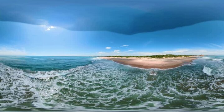 Aerial view of sandy beach and raging ocean. Peanut Farm Beach, Arugam Bay, Sri Lanka. 360 panorama VR.