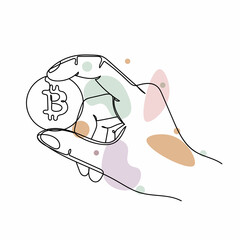 Continuous one simple single line drawing of hand holding bitcoin coin icon in silhouette on a white background. Linear stylized.