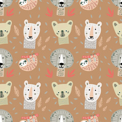 Seamless tropical pattern for kids with cute animals. Colorful vector design for print and web. 