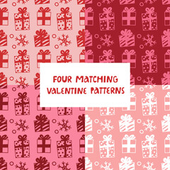 Set of four Valentine Day seamless pattern. Vector design for scrapbooking, textile, wallpaper, other surface. 