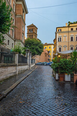Old streets in Rome on a rainy day