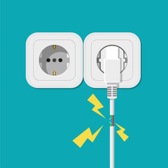 Electric short circuit.  Faulty damaged cable. Fire from overload. Electrical safety concept. Vector illustration flat design.
