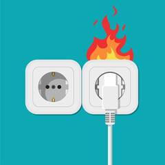 burnt socket , electric short circuit.  Faulty damaged cable. Fire from overload. Electrical safety concept. Vector illustration flat design. 