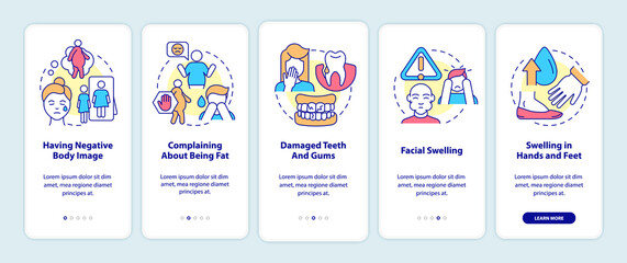 Signs of bulimia onboarding mobile app screen. Having negative body image walkthrough 5 steps graphic instructions pages with linear concepts. UI, UX, GUI template. Myriad Pro-Bold, Regular fonts used
