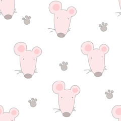 Vector seamless childish pattern with a сute baby mouse on a white background. Perfect for kids apparel,fabric, textile, nursery