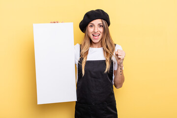 woman artist feeling shocked,laughing and celebrating success empty canvas concept