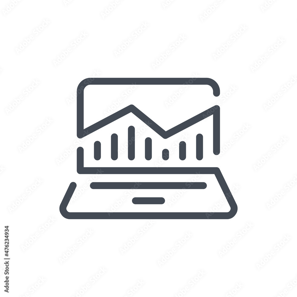 Poster online analytics line icon. computer with chart report vector outline sign.