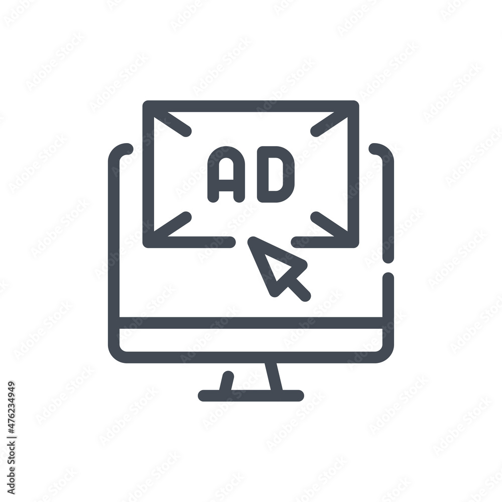 Poster online ad line icon. computer with click arrow and advertisement page vector outline sign.