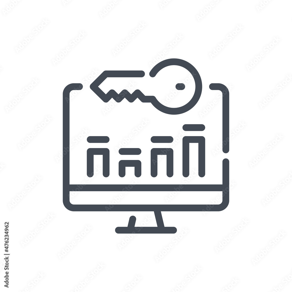 Poster keyword analytics line icon. computer with chart report and key vector outline sign.
