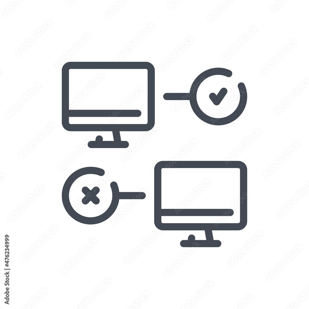 Poster response from computer line icon. two pcs with check mark and cross vector outline sign.