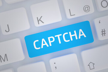 CAPTCHA Prüfung. Computer Tastatur mit Wort auf Taste im Fokus - obrazy, fototapety, plakaty